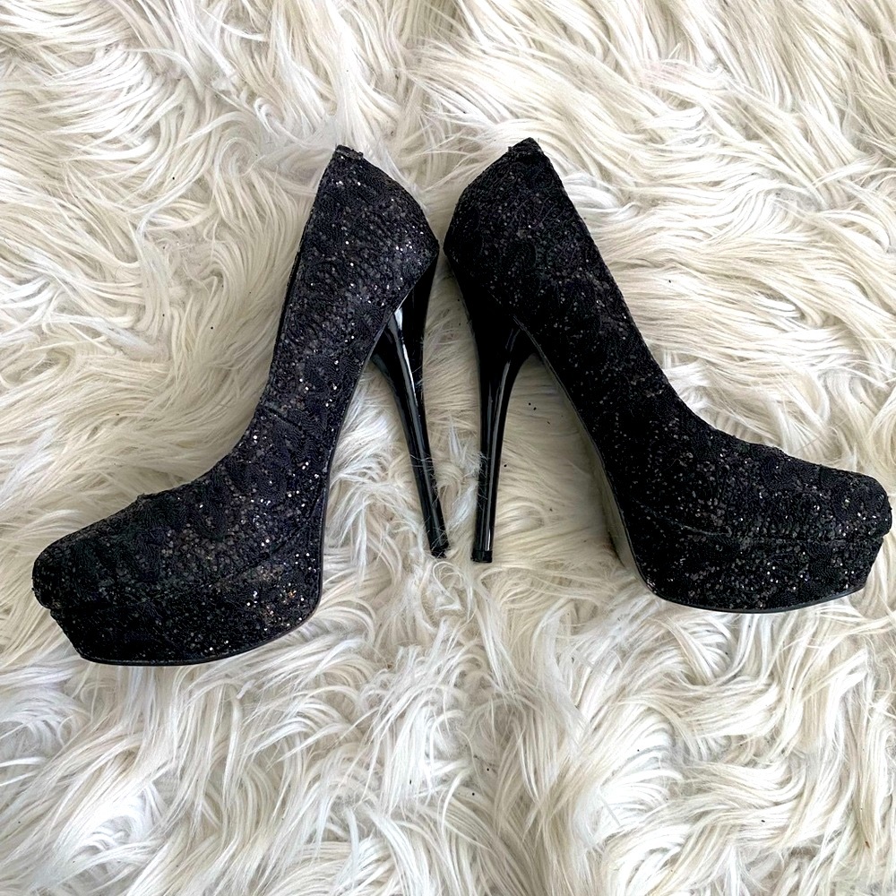 Unique Black Glitter & Lace Platform Heels